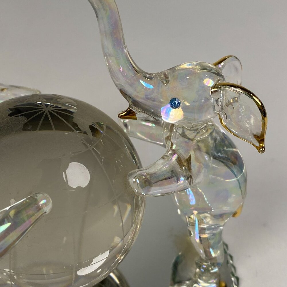 3 Hand Blown Glass Elephants on Globe Figurine Blue Rhinestone Eyes Mirror Base - Picture 4 of 11